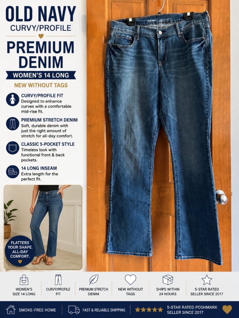 Old Navy Curvy Profile Women’s 14 Long Mid Rise Bootcut Stretch Jeans Dark Wash